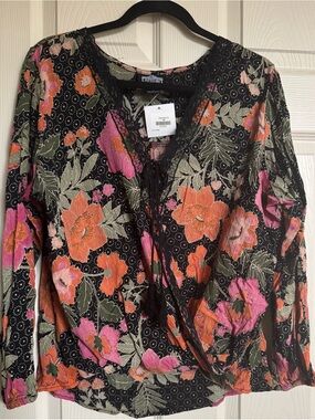 NWT Angie Black Floral Peasant Blouse with Pink & Orange Blooms, Various Sizes